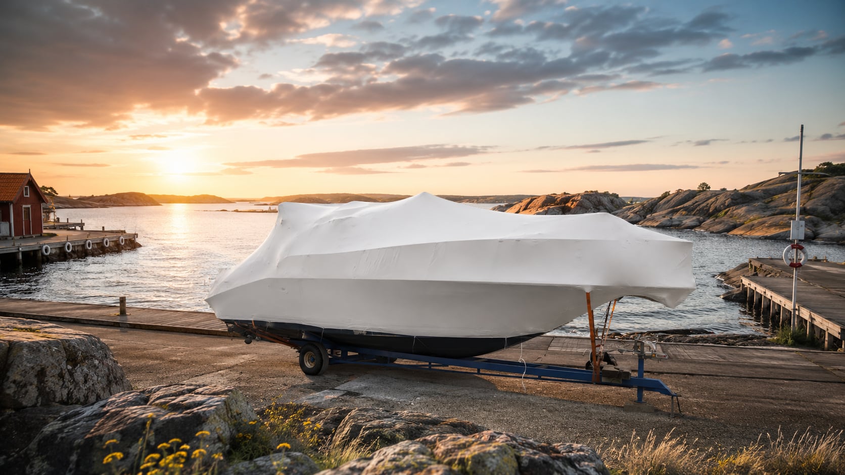 Krympplastad båt i skärgården vid solnedgång